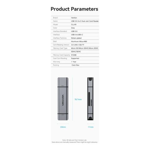 Считыватель флеш-карт Vention USB 3.0 AM/USB-C to SD+TF Gray Dual Drive Letter Aluminum Alloy (CLLH0) - Кардридеры  - Кардридеры 