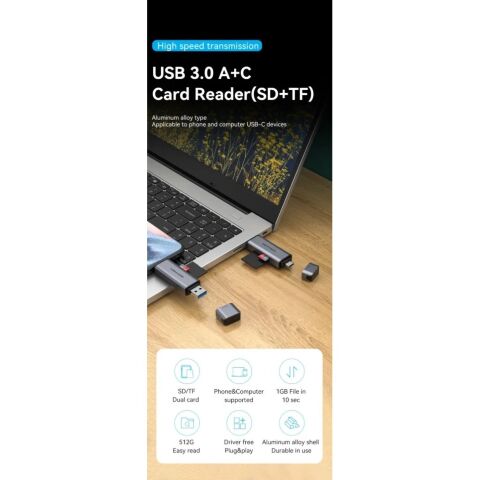 Считыватель флеш-карт Vention USB 3.0 AM/USB-C to SD+TF Gray Dual Drive Letter Aluminum Alloy (CLLH0) - Кардридеры  - Кардридеры 