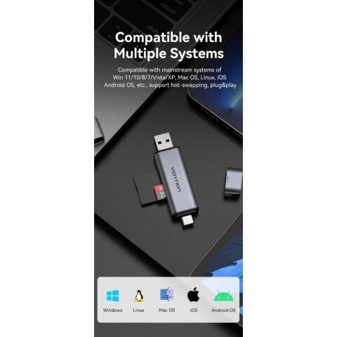 Считыватель флеш-карт Vention USB 3.0 AM/USB-C to SD+TF Gray Dual Drive Letter Aluminum Alloy (CLLH0) - Кардридеры  - Кардридеры 