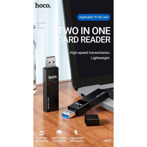 Считыватель флеш-карт HOCO USB3.0 to microSD, microSDHC, microSDXC, SD, SDHC, SDXC, HB20 Black (6931474735218) - Нулевой остаток (Feed)  - Нулевой остаток (Feed) 