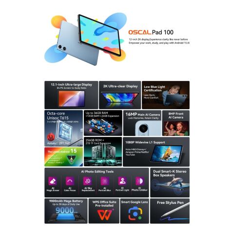 Планшет Oscal Pad 100 12.0" 6/256GB 4G (LTE) Sky Blue (6931548326335) - Нулевой остаток (Feed)  - Нулевой остаток (Feed) 