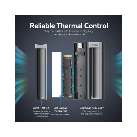 Карман внешний Vention SSD M.2 (NVME) M-key USB Type-C 3.2 10Gbps Heat Sink Aluminum (KPKH0) - Нулевой остаток (Feed)  - Нулевой остаток (Feed) 