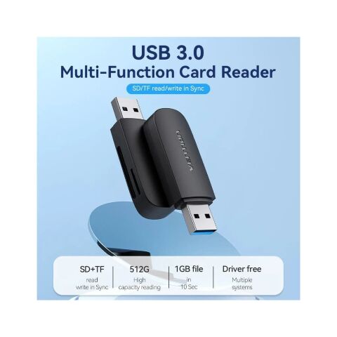 Считыватель флеш-карт Vention USB 3.0 to SD+TF Black Dual Drive Letter (CLGB0) - Кардридеры  - Кардридеры 