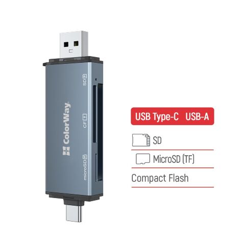 Считыватель флеш-карт ColorWay USB 2.0/USB-C to CF/SD/MicroSD (CW-CR-01) - Кардридеры  - Кардридеры 