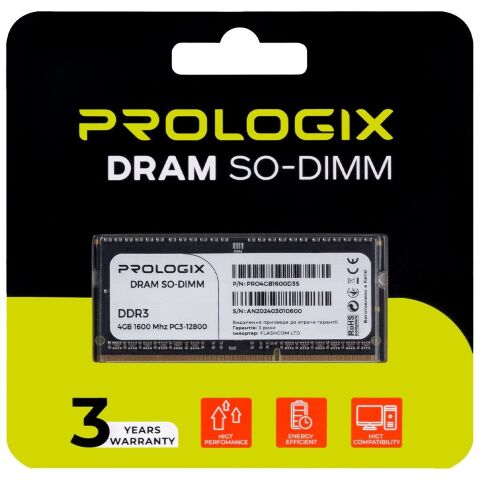Модуль памяти для ноутбука SoDIMM DDR3 4GB 1600 MHz Prologix (PRO4GB1600D3S) - Нулевой остаток (Feed)  - Нулевой остаток (Feed) 